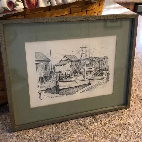 Goff Prints Framed and Matted Boat, Lobster Waterfront Scene - Picture 1 of 11